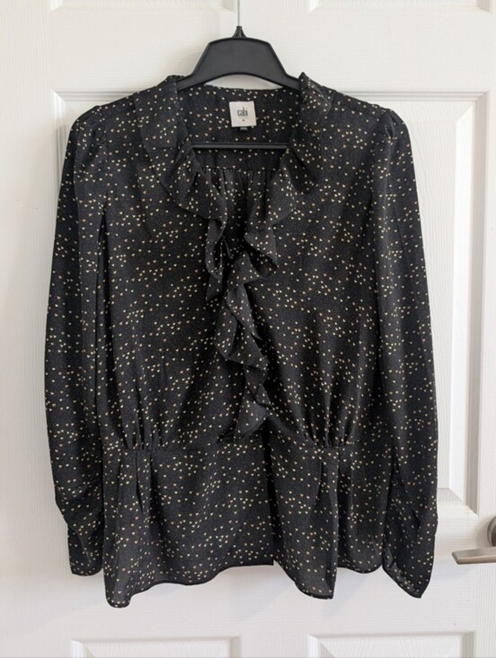 Cabi Eros Blouse Black Heart Print Ruffle Long Sleeve Blouse Feminine Chic - M
